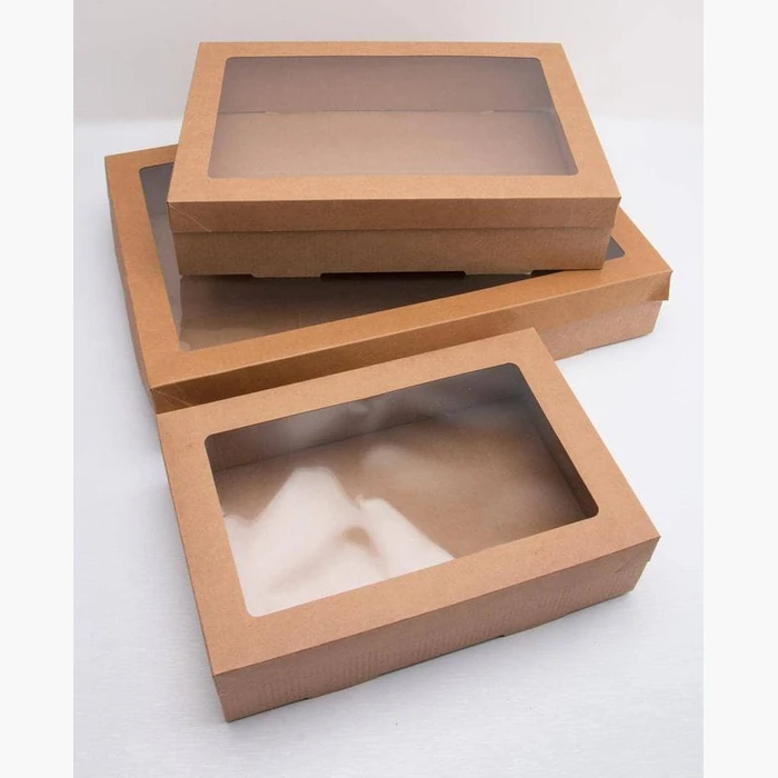 A kraft box with a clear window, closed and open