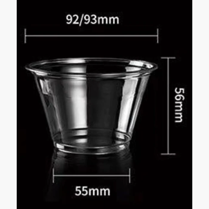 A clear PET cup with its dimensions marked: 92 to 93 mm rim, 56 mm tall, 55 mm base