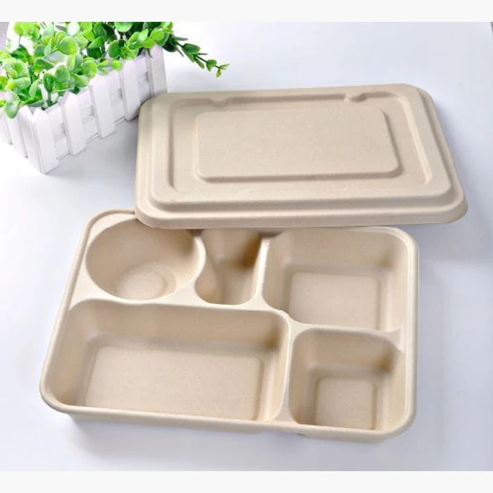 A compartmented fibre food tray with its lid